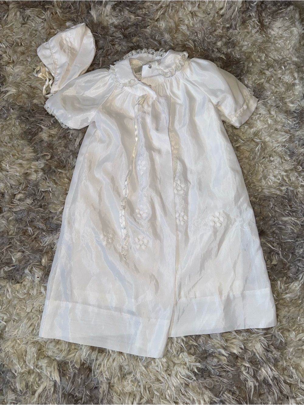 Vintage Elegant White Lace-Trim Baby Christening Gown and Bonnet